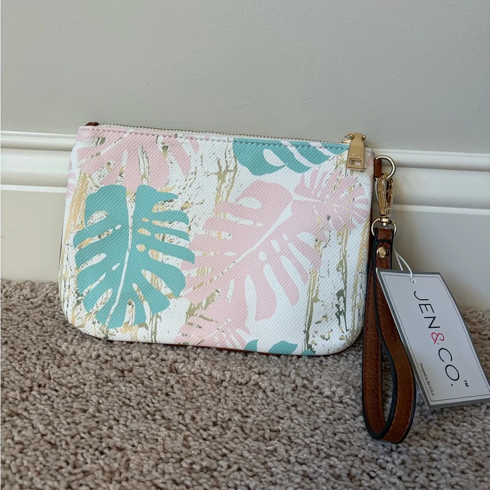 Jen & Co. Vegan Tropical Leaf Pink and Aqua Wristlet